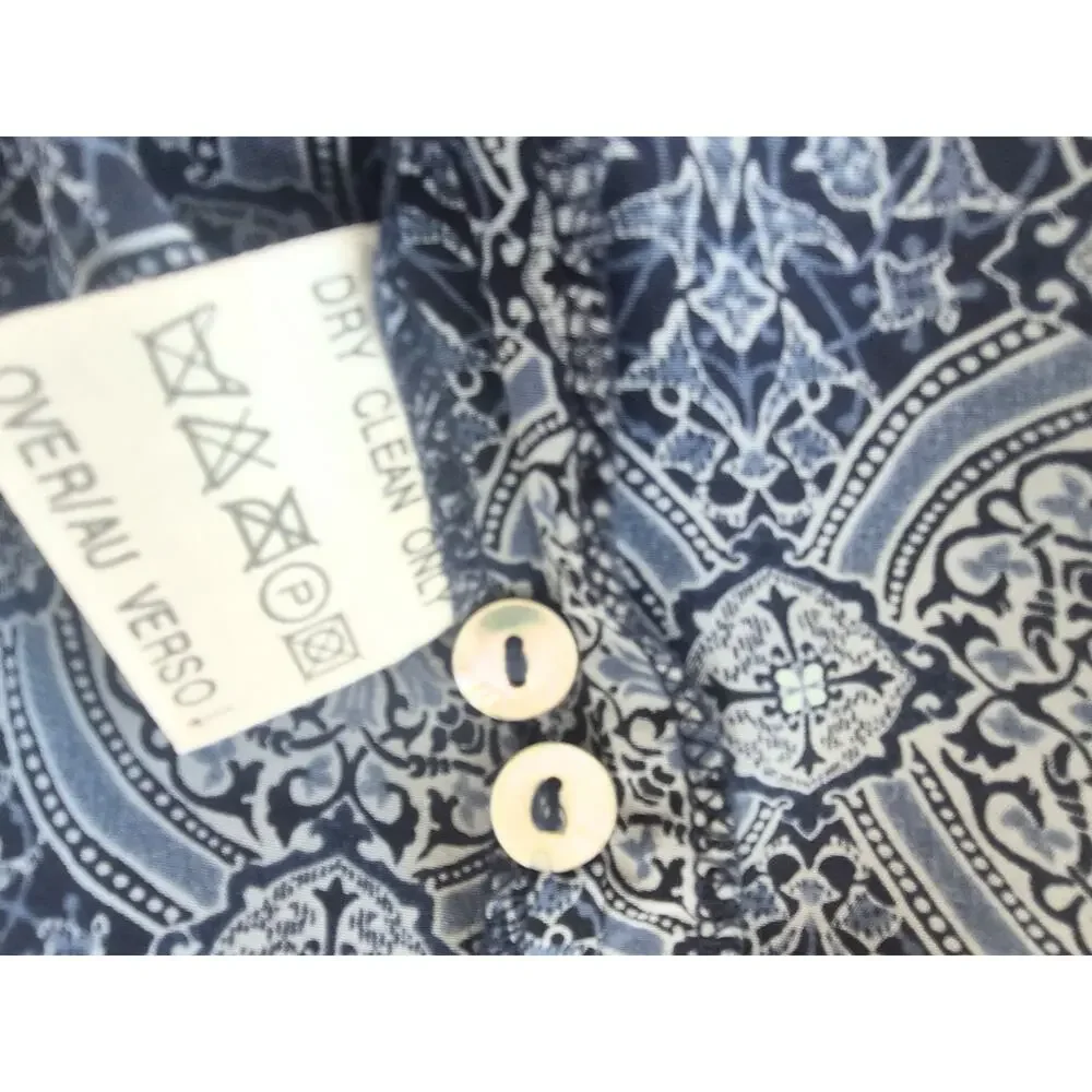 Liz Claiborne Silk Blouse Sz 14 Boho Print Long Sleeve Top Button Blue Office - Picture 7 of 8